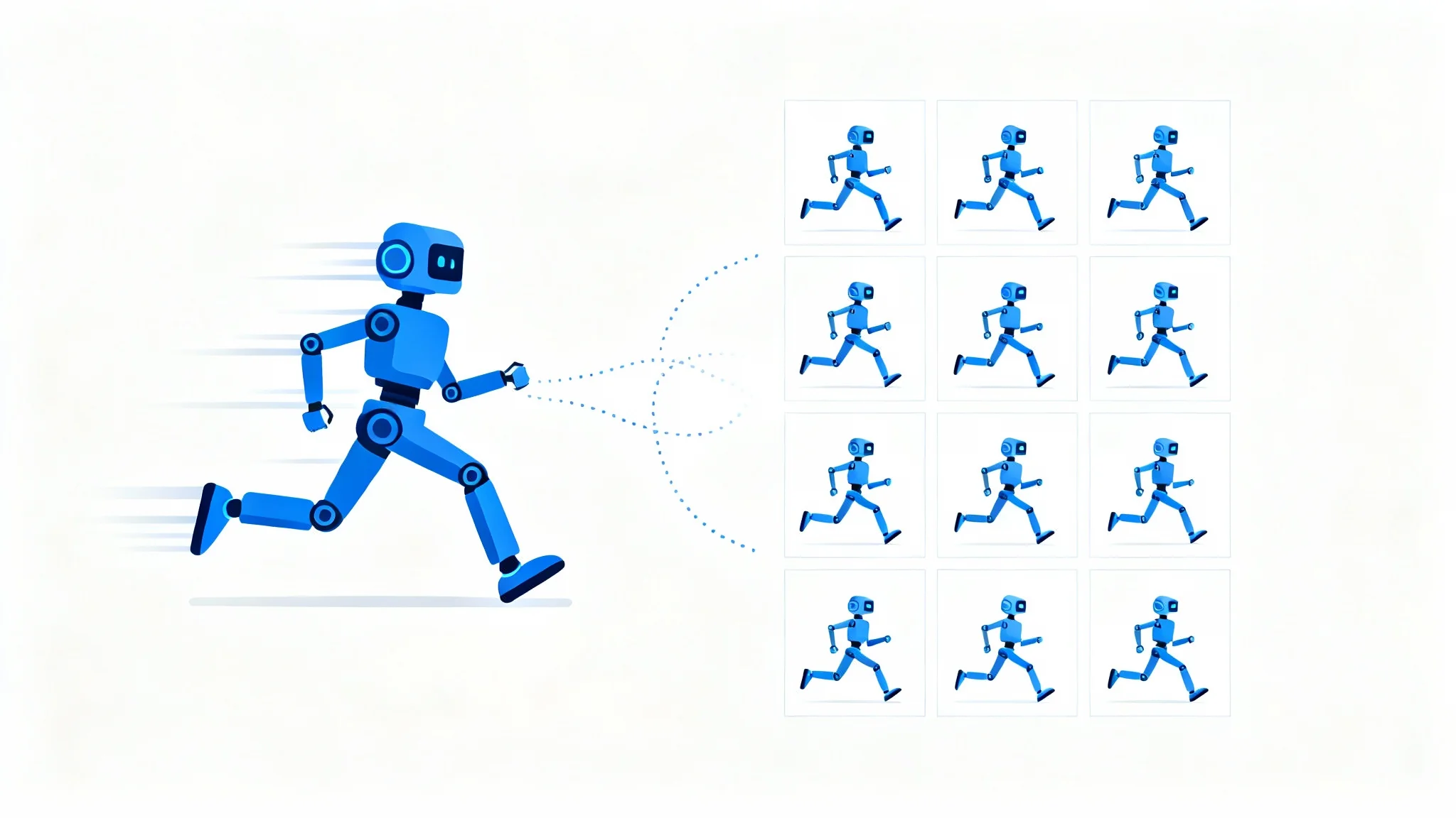A conceptual illustration of a GIF being converted into a sprite sheet. On the left, a running robot with motion blur represents an animated GIF. On the right, the robot's run cycle is broken down into an 8-frame grid, representing a sprite sheet.