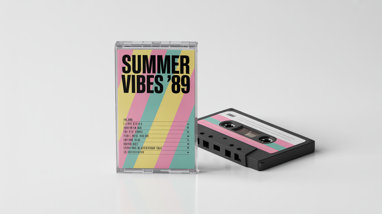 A professionally designed retro cassette tape cover art for 'SUMMER VIBES '89', displayed next to the cassette tape on a clean white background, showcasing a final design result.