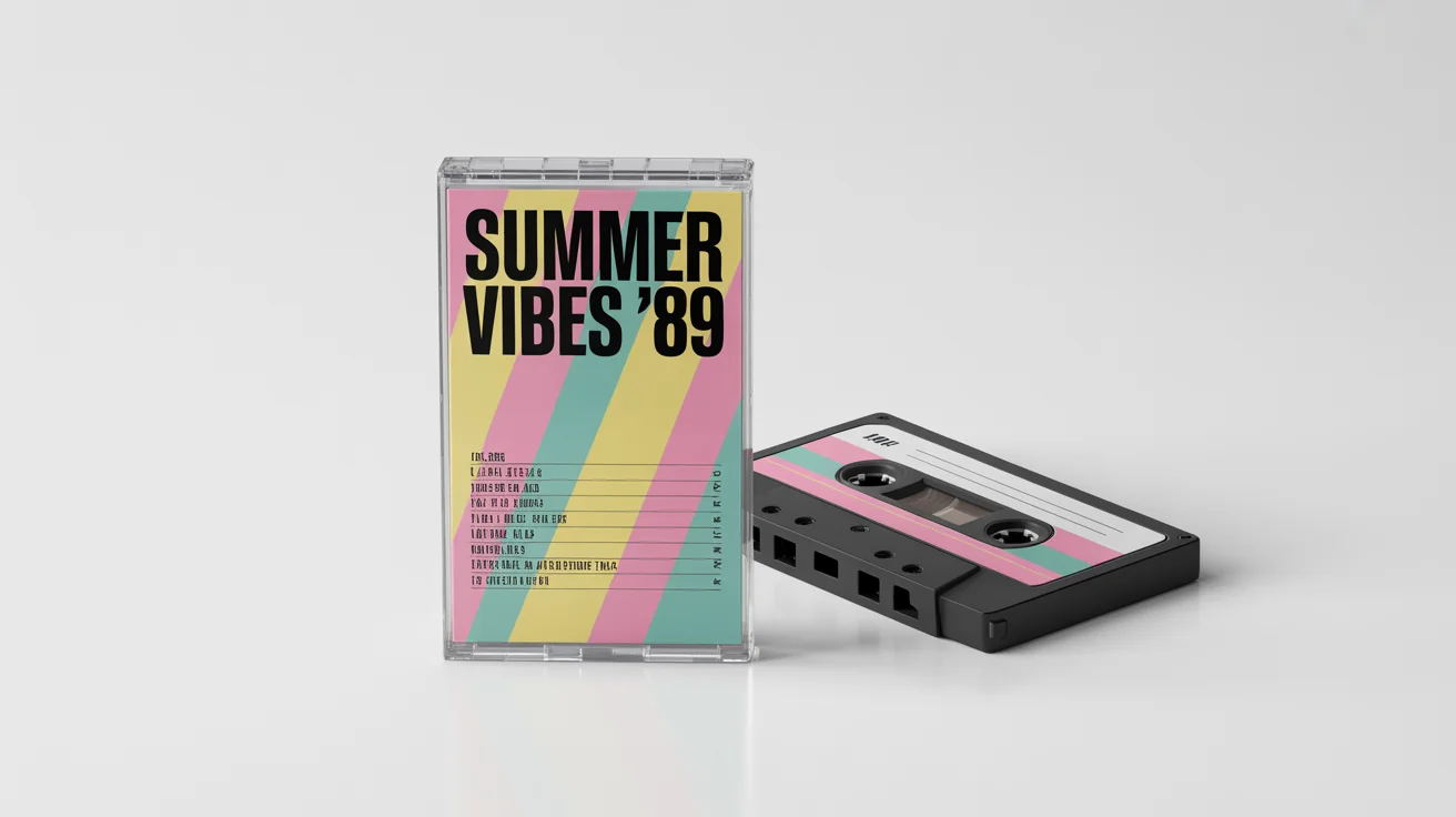 A professionally designed retro cassette tape cover art for 'SUMMER VIBES '89', displayed next to the cassette tape on a clean white background, showcasing a final design result.