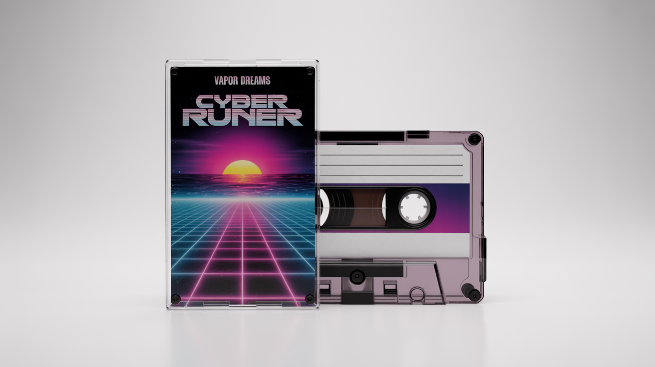 A photorealistic mockup of a retro 80s cassette tape and its cover art. The cover, for a fictional album titled 'VAPOR DREAMS' by 'Cyber Runner', features a vibrant synthwave design on a white background.