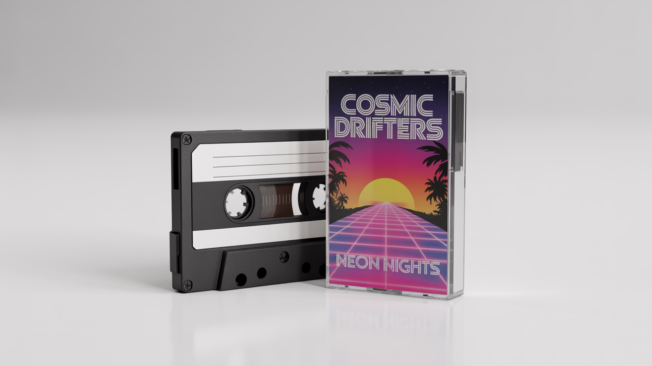 A retro cassette tape and its case with 80s synthwave cover art titled 'Neon Nights' by 'Cosmic Drifters' on a white background.