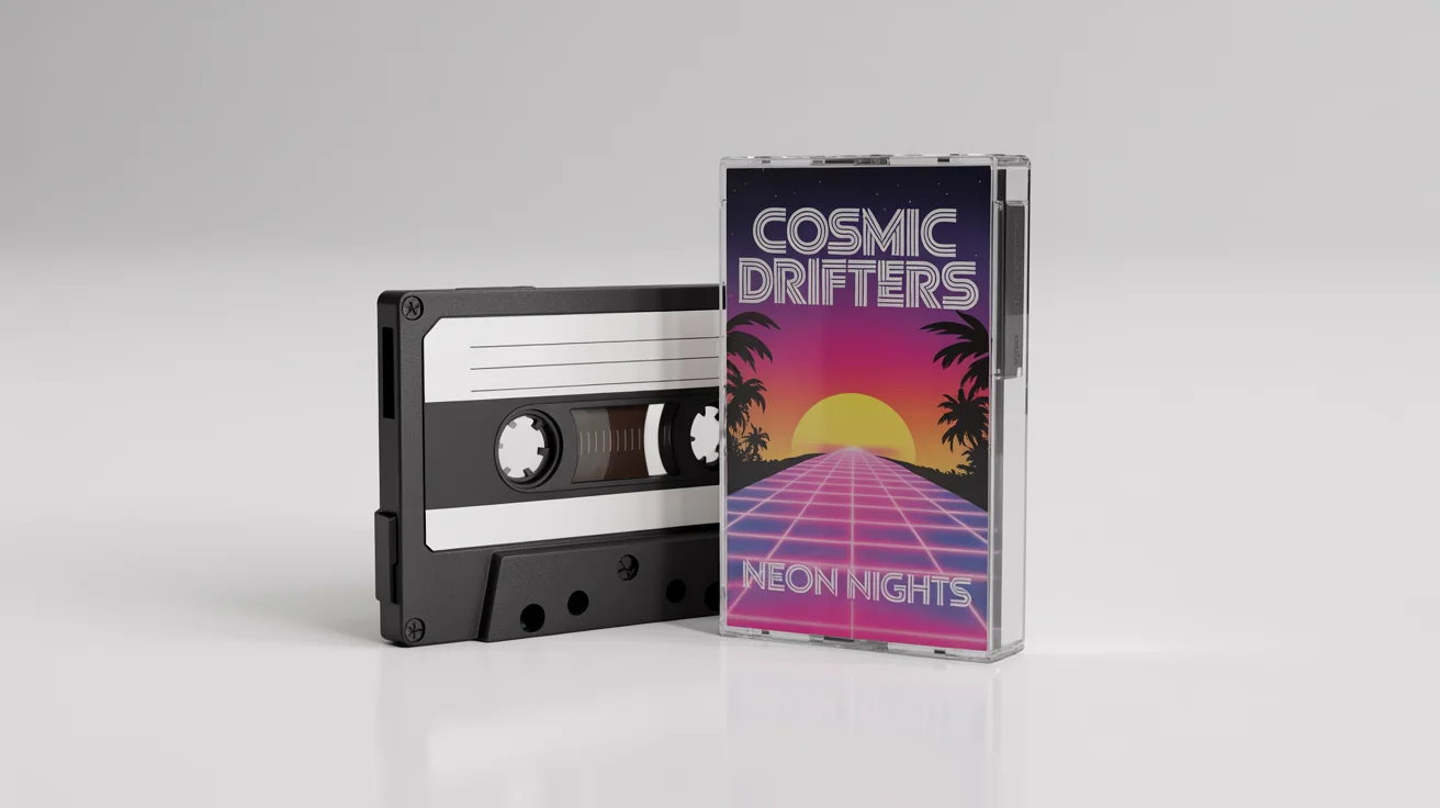 A retro cassette tape and its case with 80s synthwave cover art titled 'Neon Nights' by 'Cosmic Drifters' on a white background.