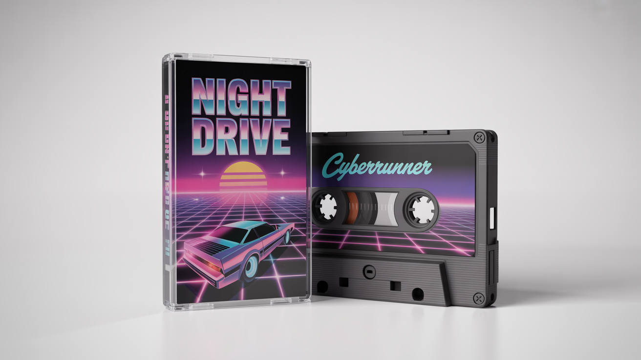 A photorealistic mockup of a 1980s retro-style cassette tape and its cover. The cover art, in a synthwave style, is for an album titled 'NIGHT DRIVE' by the artist 'CYBERRUNNER' and features a chrome car on a digital grid.