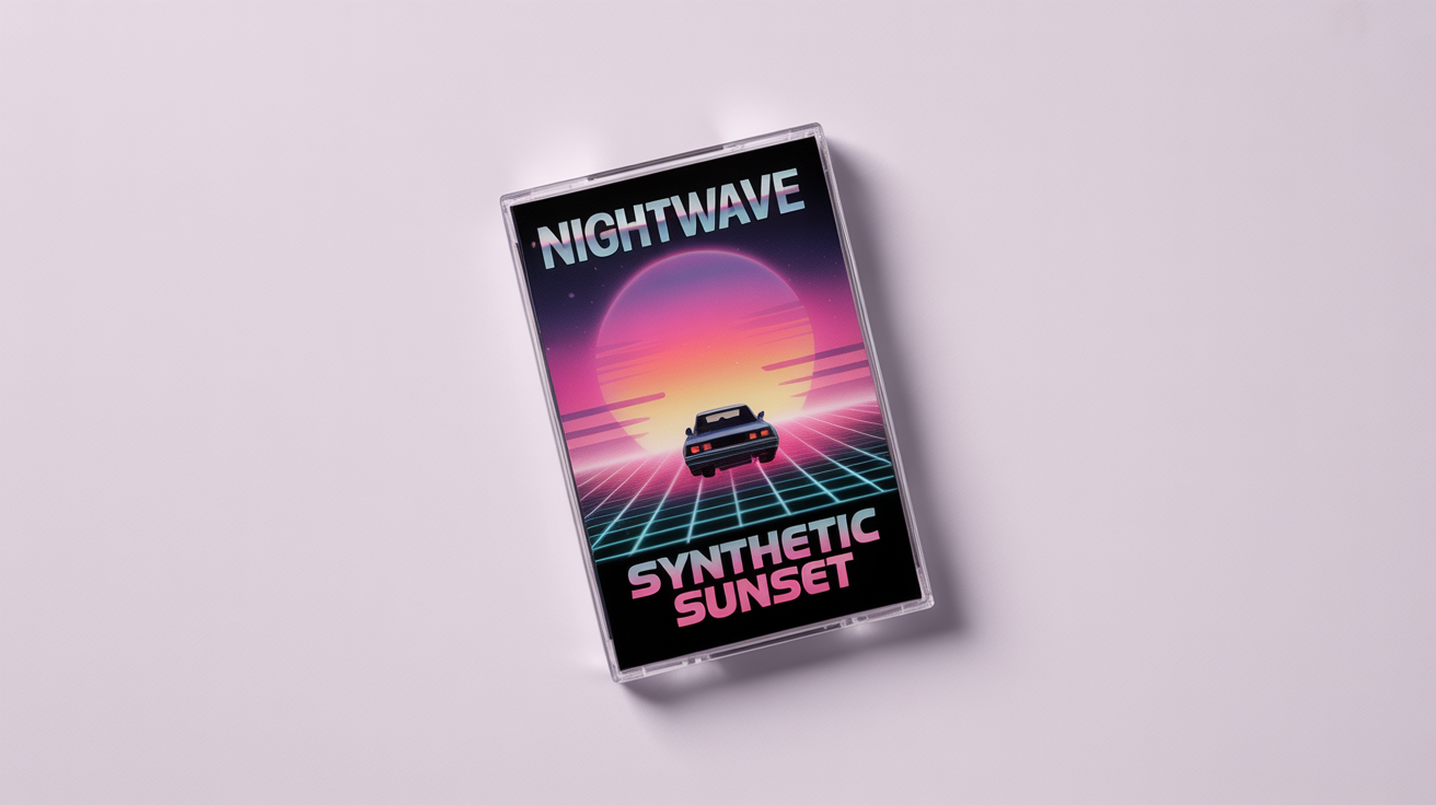 A mockup of a retro cassette tape cover art from the 1980s. The artist is 'Nightwave' and the album is 'Synthetic Sunset', featuring a synthwave design of a car driving into the sunset.