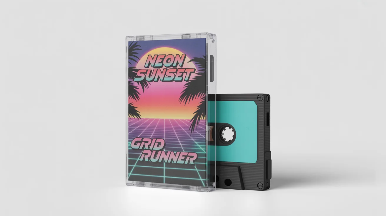 A photorealistic mockup of a retro cassette tape cover with an 80s synthwave design. The cover, titled 'Neon Sunset' by 'Grid Runner', is displayed next to a clear case and a teal cassette tape on a white background.