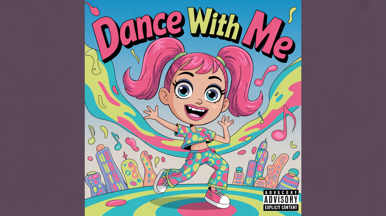 A colorful cartoon album cover titled 'DANCE WITH ME' in a bold, playful font. A cheerful young woman with pink hair dances in the foreground against a whimsical cityscape background with a rainbow. The cover has an energetic, pop art style and an 'EXPLICIT CONTENT' label.