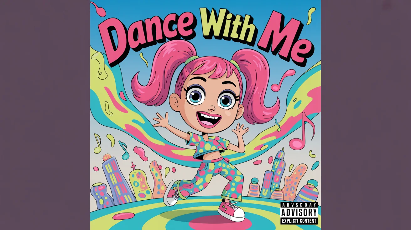 A colorful cartoon album cover titled 'DANCE WITH ME' in a bold, playful font. A cheerful young woman with pink hair dances in the foreground against a whimsical cityscape background with a rainbow. The cover has an energetic, pop art style and an 'EXPLICIT CONTENT' label.