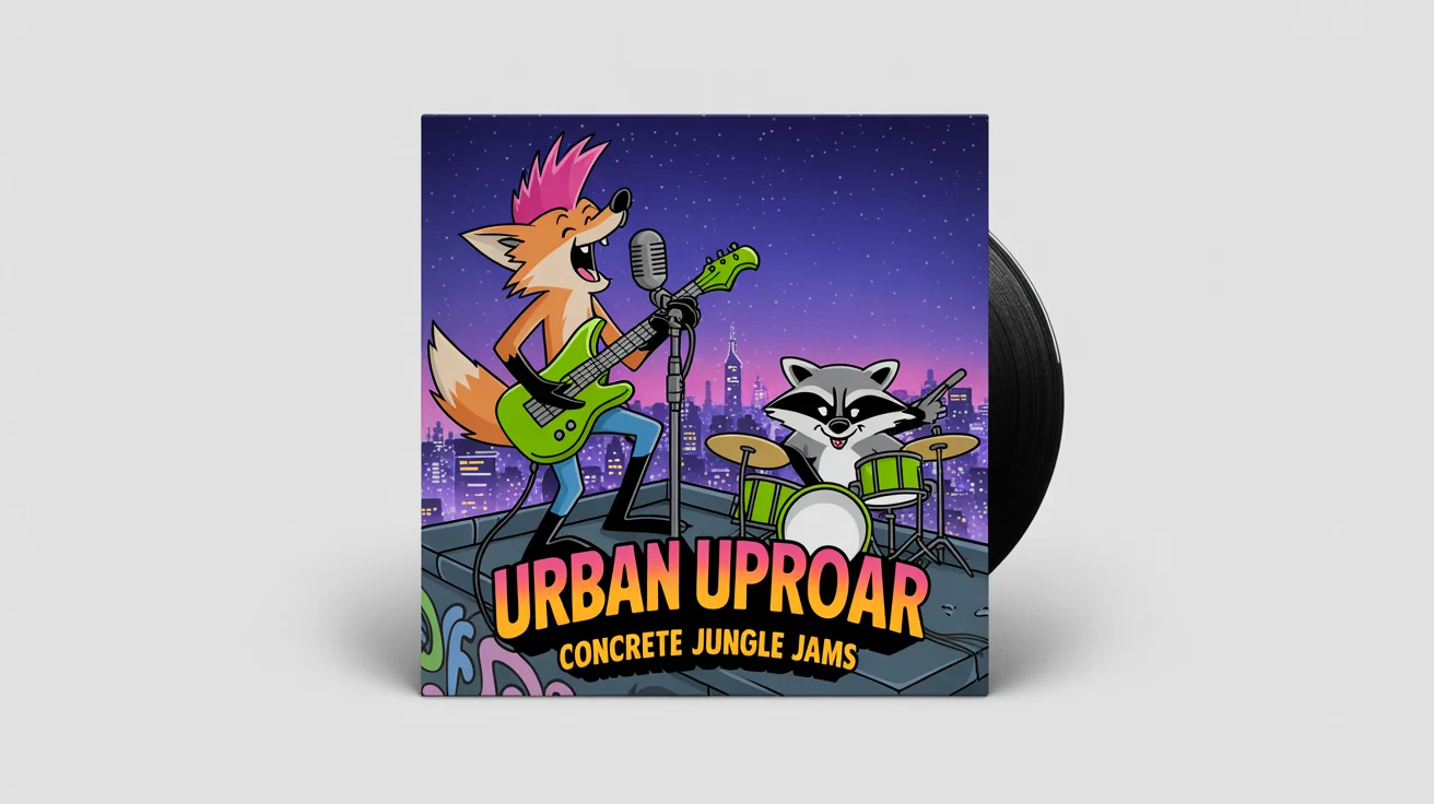 A mockup of a cartoon album cover for a fictional band named 'Urban Uproar'. The album, titled 'Concrete Jungle Jams', shows a fox, badger, and raccoon as a punk rock band playing on a city rooftop at night.