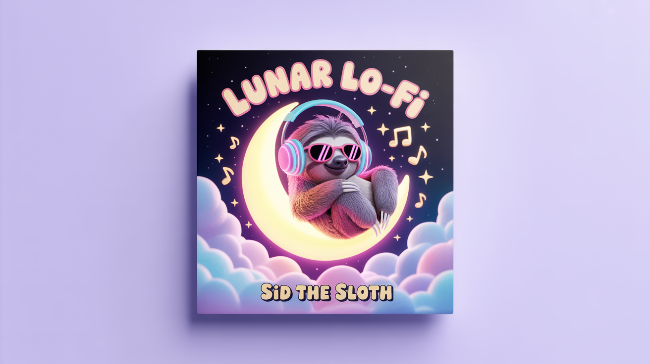 A mockup of a cartoon album cover titled 'Lunar Lo-Fi' by 'Sid the Sloth', featuring a cool sloth with headphones and sunglasses hanging on a crescent moon against a dreamy night sky.