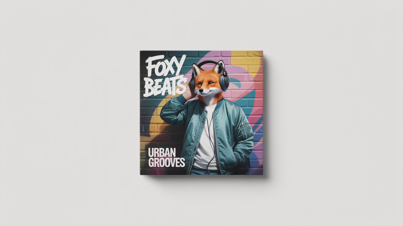 A mockup of a cartoon album cover titled 'Urban Grooves' by 'Foxy Beats'. The cover art shows a cool fox with headphones against a graffiti wall. The mockup is displayed on a clean white background.