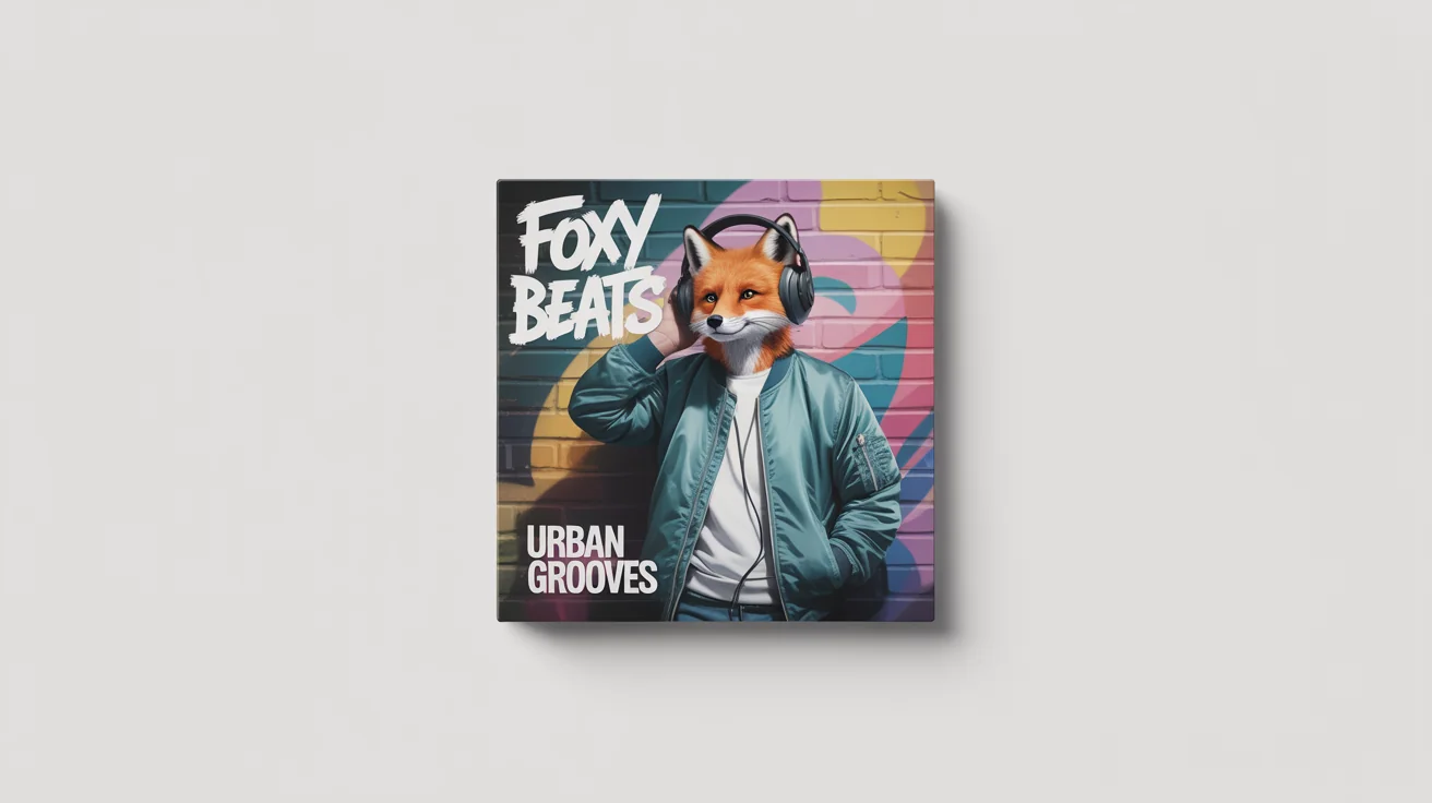 A mockup of a cartoon album cover titled 'Urban Grooves' by 'Foxy Beats'. The cover art shows a cool fox with headphones against a graffiti wall. The mockup is displayed on a clean white background.