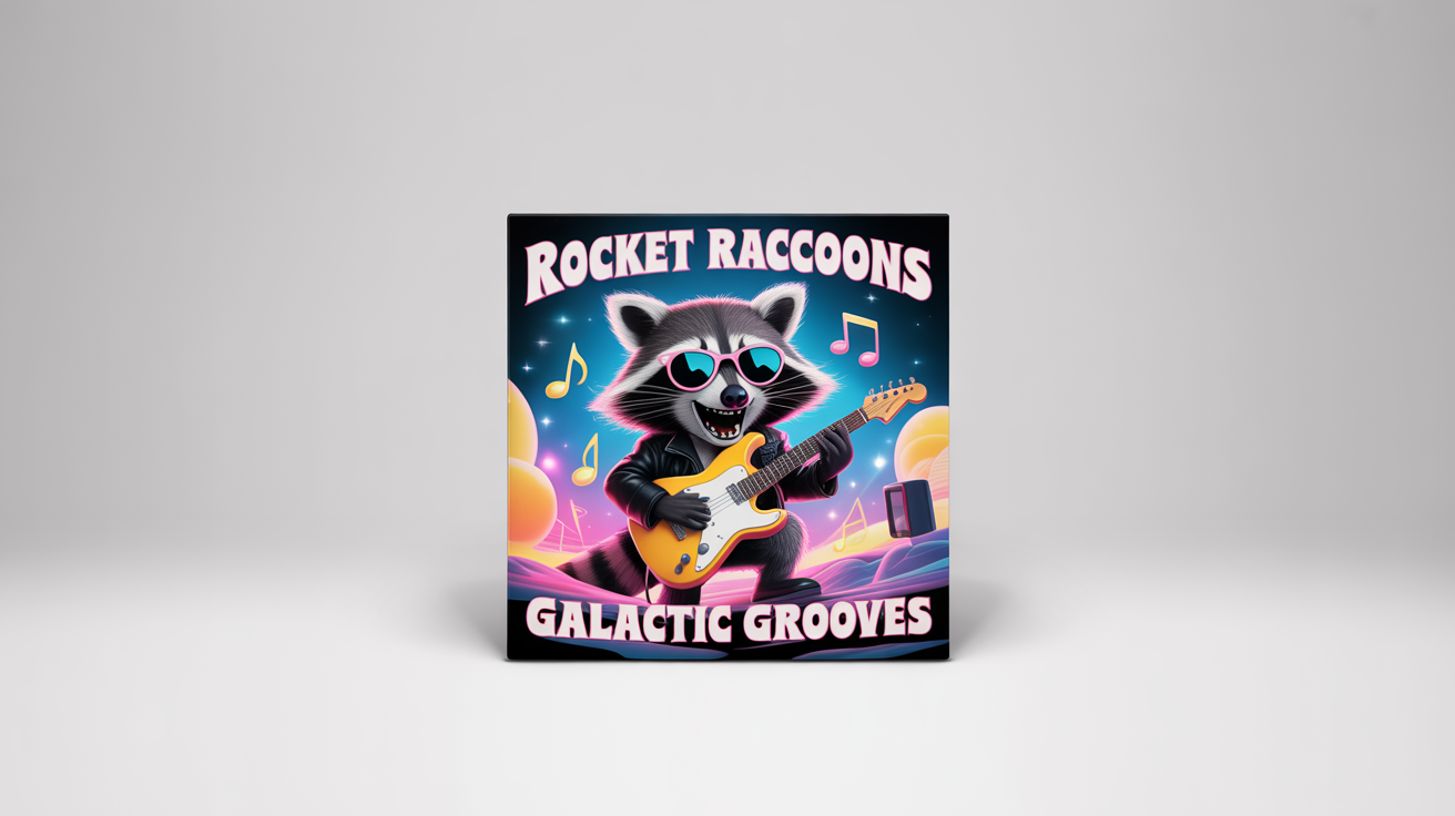 A cartoon album cover mockup featuring a cool raccoon in sunglasses playing an electric guitar. The artist is 'Rocket Raccoons' and the album is titled 'Galactic Grooves'.