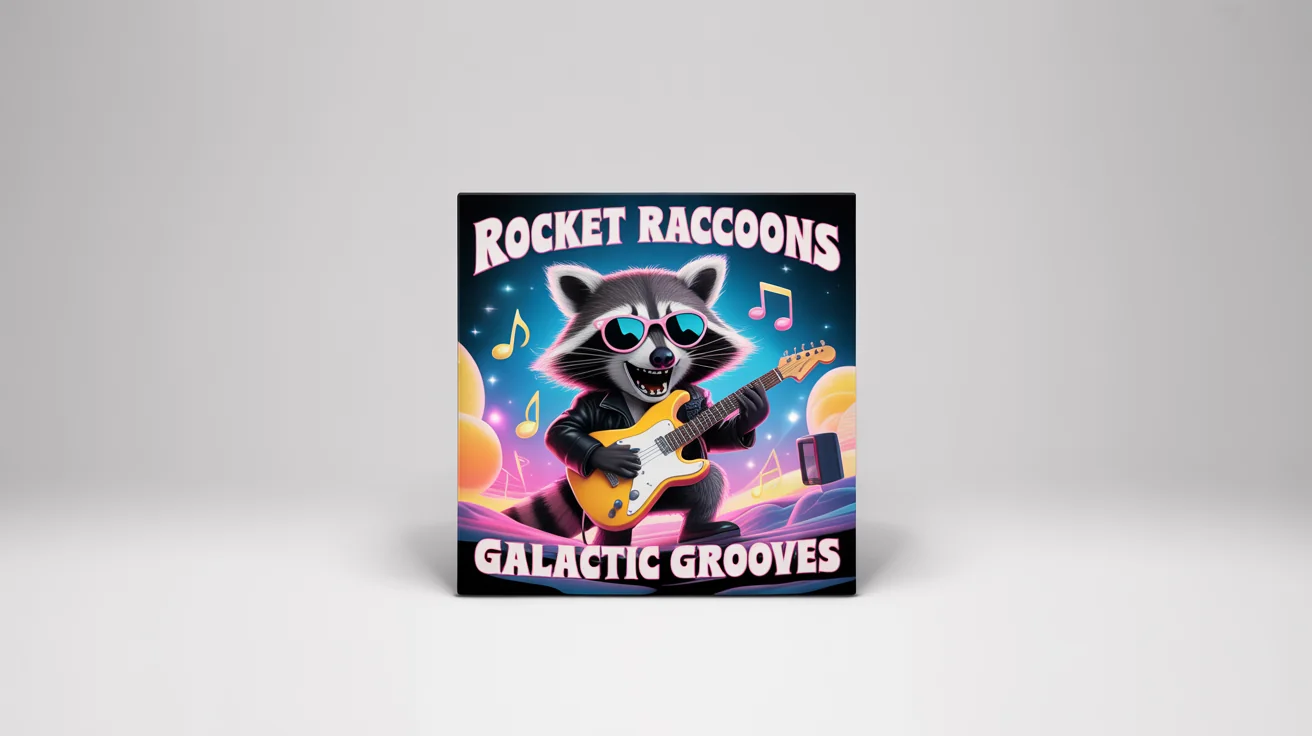 A cartoon album cover mockup featuring a cool raccoon in sunglasses playing an electric guitar. The artist is 'Rocket Raccoons' and the album is titled 'Galactic Grooves'.