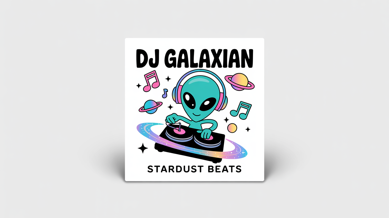 A mockup of a cartoon album cover titled 'Stardust Beats' by 'DJ Galaxian', featuring a turquoise alien DJing against a solid white background.