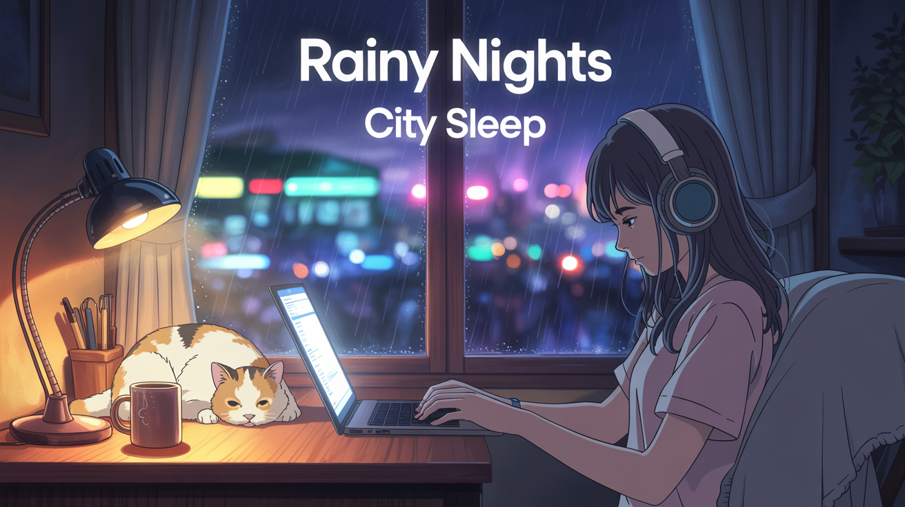A finished lofi album cover titled 'Rainy Nights' by 'City Sleep', showing an anime girl at a desk in front of a rainy city window at night.