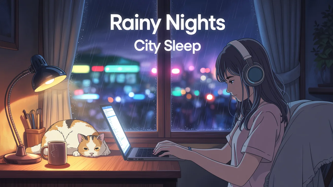 A finished lofi album cover titled 'Rainy Nights' by 'City Sleep', showing an anime girl at a desk in front of a rainy city window at night.