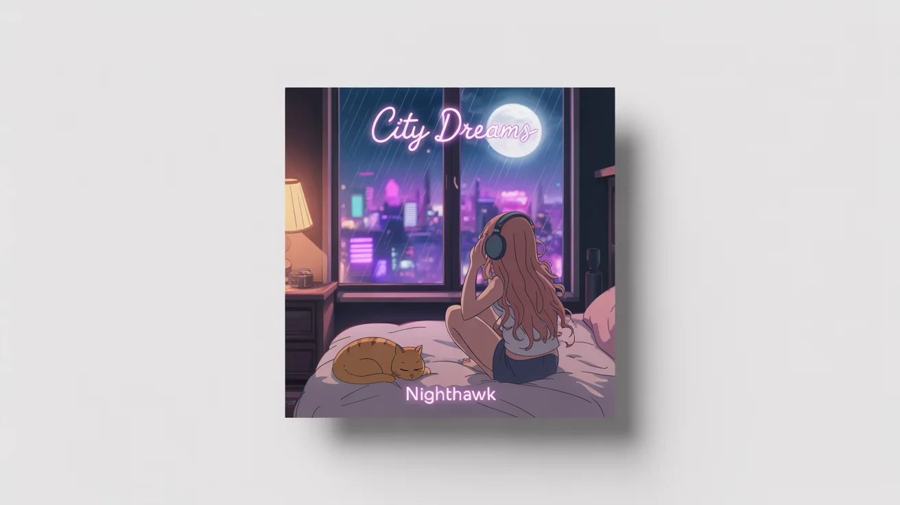 A photorealistic mockup of a lofi album cover titled 'City Dreams' by 'Nighthawk,' showing an anime-style scene of a person with headphones looking at a rainy city at night. The album cover is displayed on a white background.