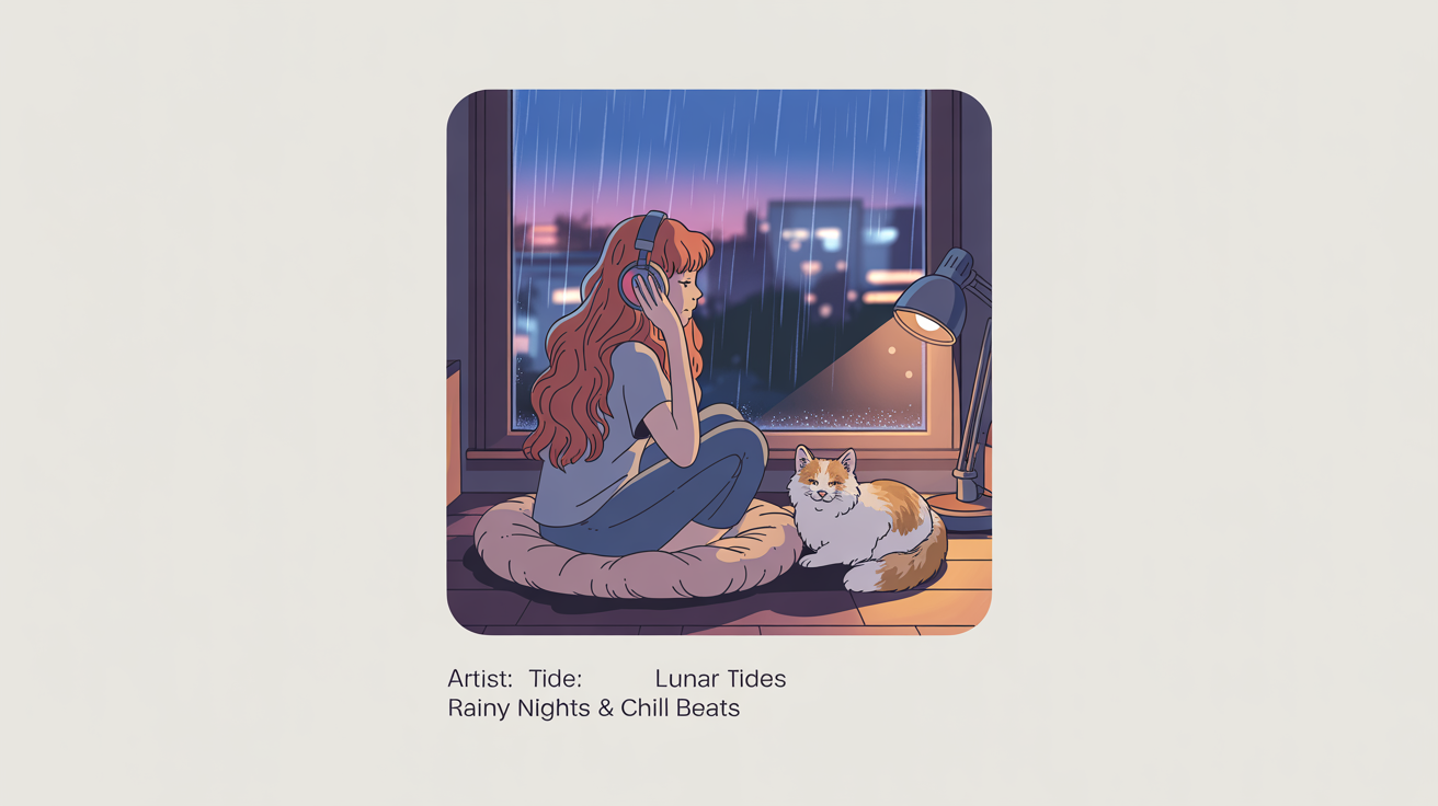 A mockup of a lofi album cover titled 'Rainy Nights & Chill Beats' by 'Lunar Tides'. The artwork features an anime-style girl with headphones looking out a rainy window at a city at night.