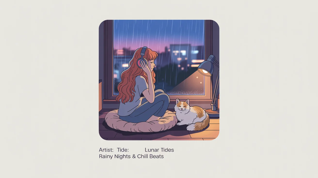 A mockup of a lofi album cover titled 'Rainy Nights & Chill Beats' by 'Lunar Tides'. The artwork features an anime-style girl with headphones looking out a rainy window at a city at night.
