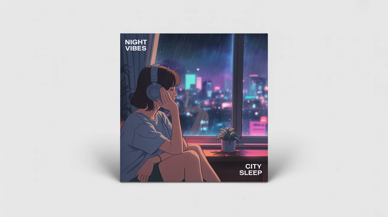 A mockup of a lofi album cover titled 'City Sleep' by 'Night Vibes', showing an anime-style girl with headphones looking out a window at a rainy city at night.