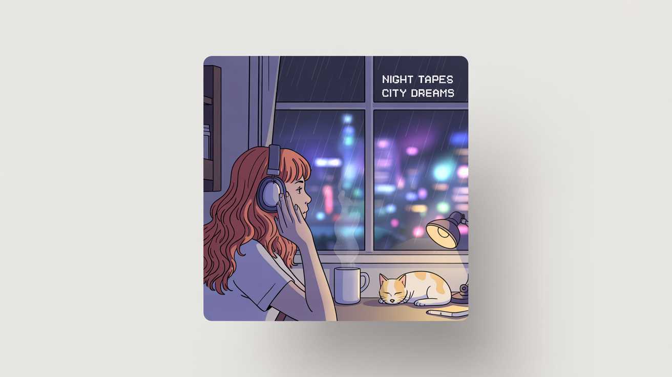 A mockup of a lofi album cover titled 'City Dreams' by 'NIGHT TAPES', featuring an anime-style illustration of a girl in a cozy room looking out a window at a rainy city at night.