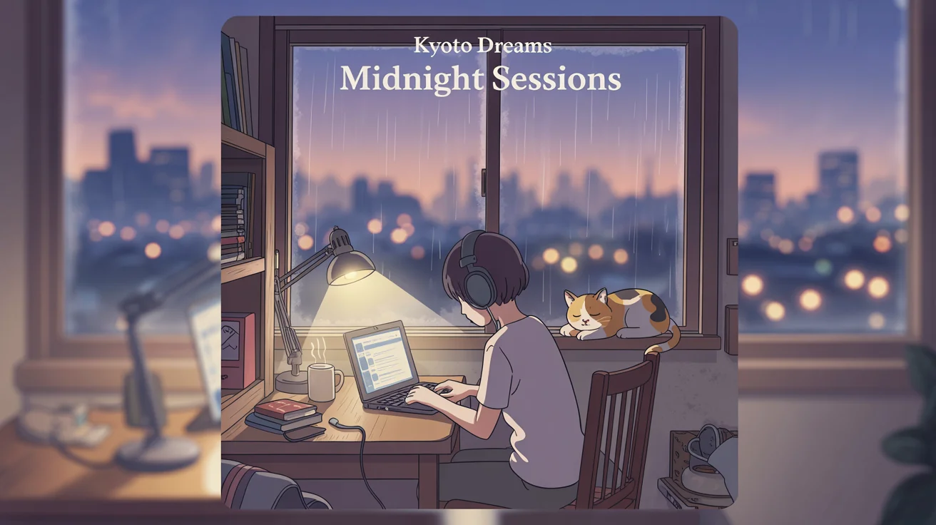 A mockup of a lofi album cover titled 'Midnight Sessions' by 'Kyoto Dreams'. The artwork shows an anime-style scene of a person at a desk in a cozy room on a rainy night, with a sleeping cat on the windowsill.
