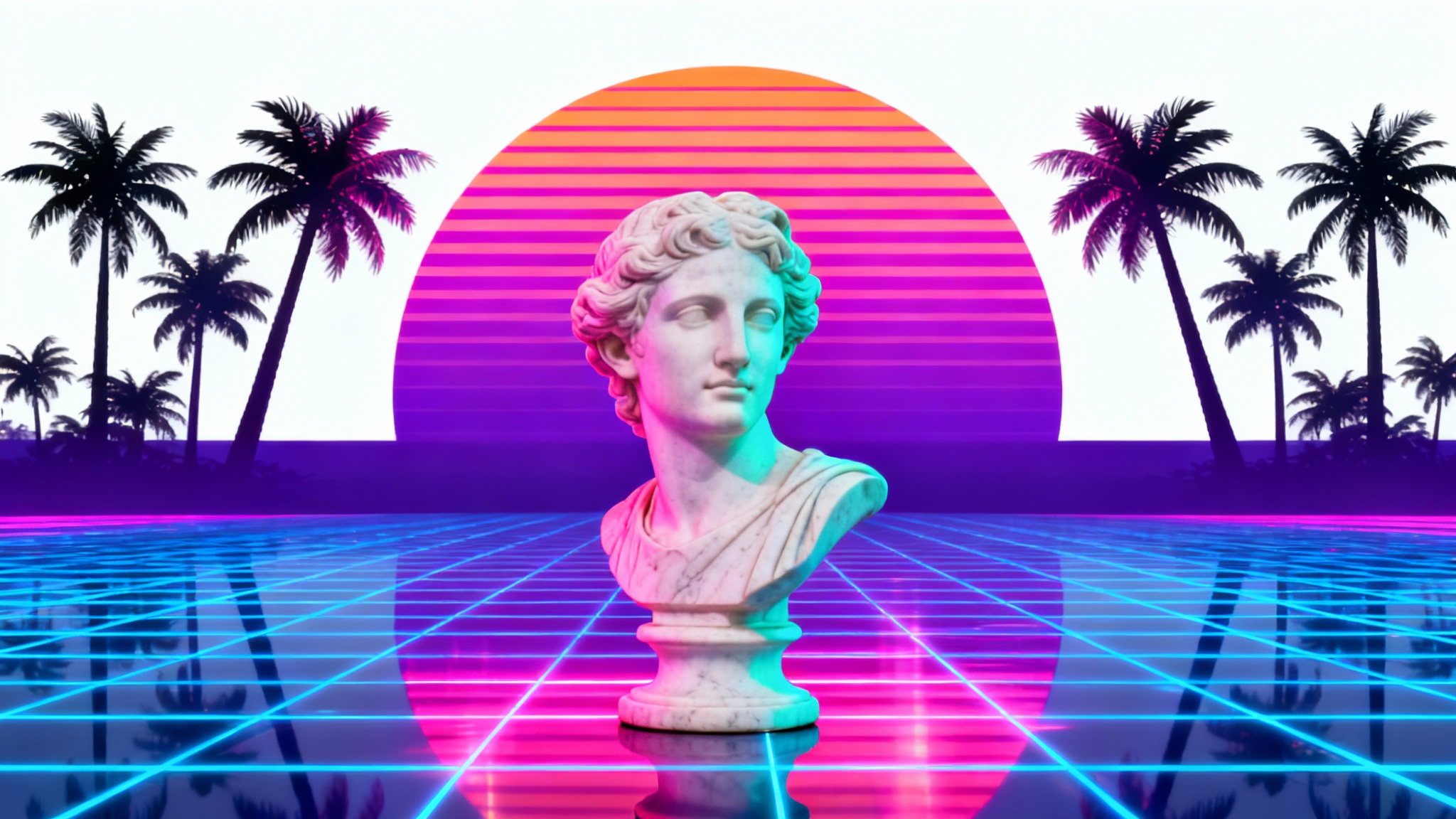 A vaporwave art piece featuring a classical bust, a neon grid, and a retro sunset with palm trees, illustrating the transformation of an image into a vaporwave style.