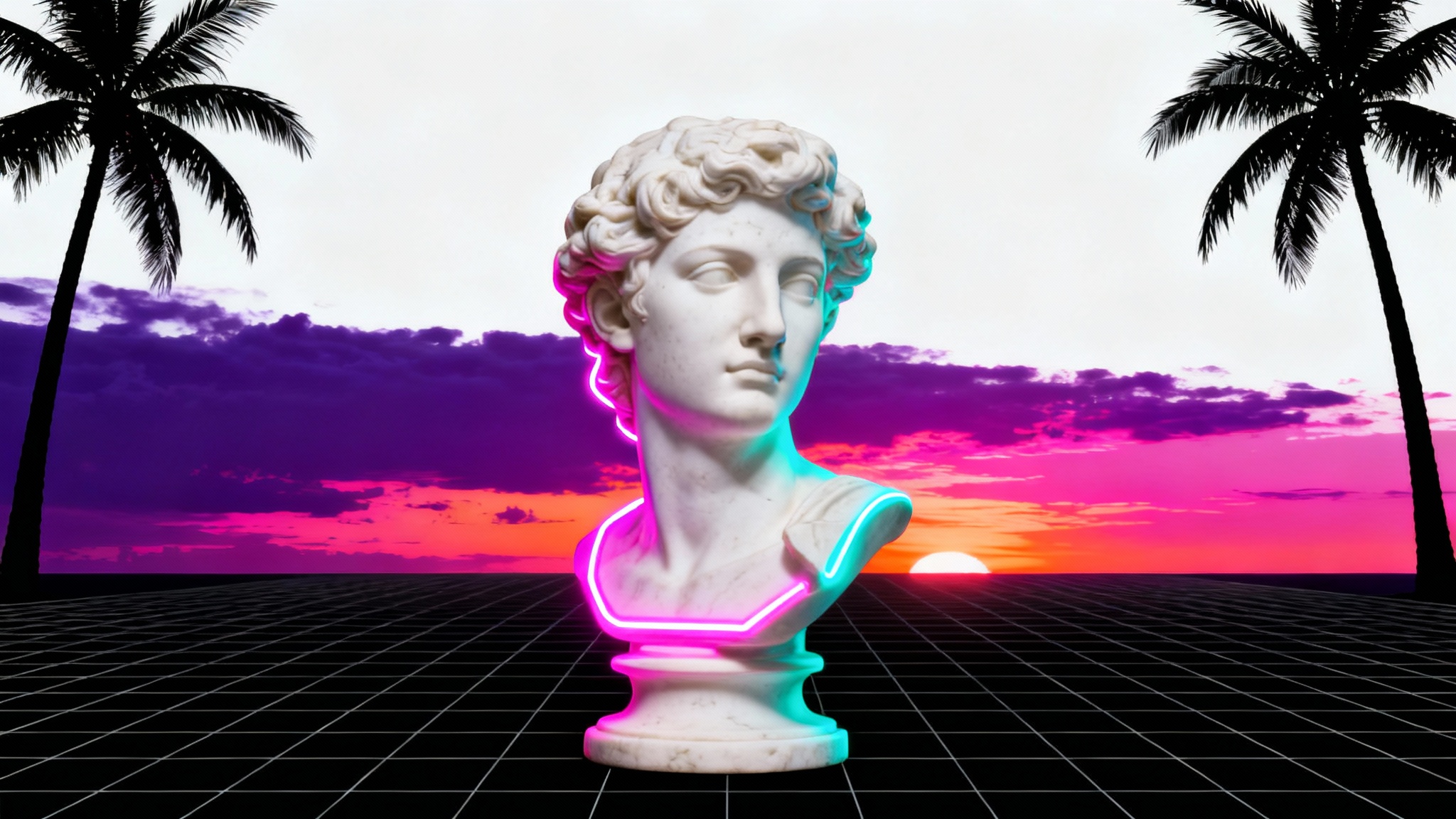 A vaporwave art piece featuring a classical statue bust illuminated by pink and blue neon lights, set against a digital grid and sunset background with palm trees, presented on a clean white background.