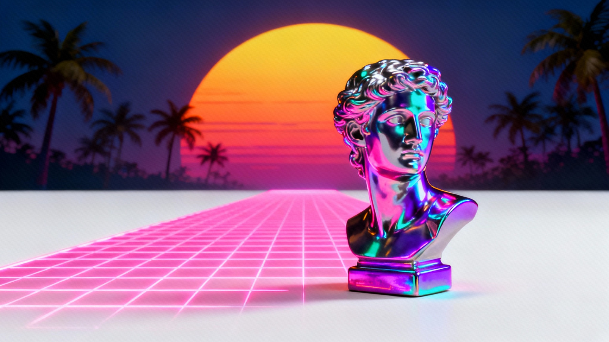 A mockup demonstrating a vaporwave image effect, featuring a chrome Roman bust in a retro-futuristic landscape with a neon grid, a digital sun, and palm trees, all isolated on a clean white background.