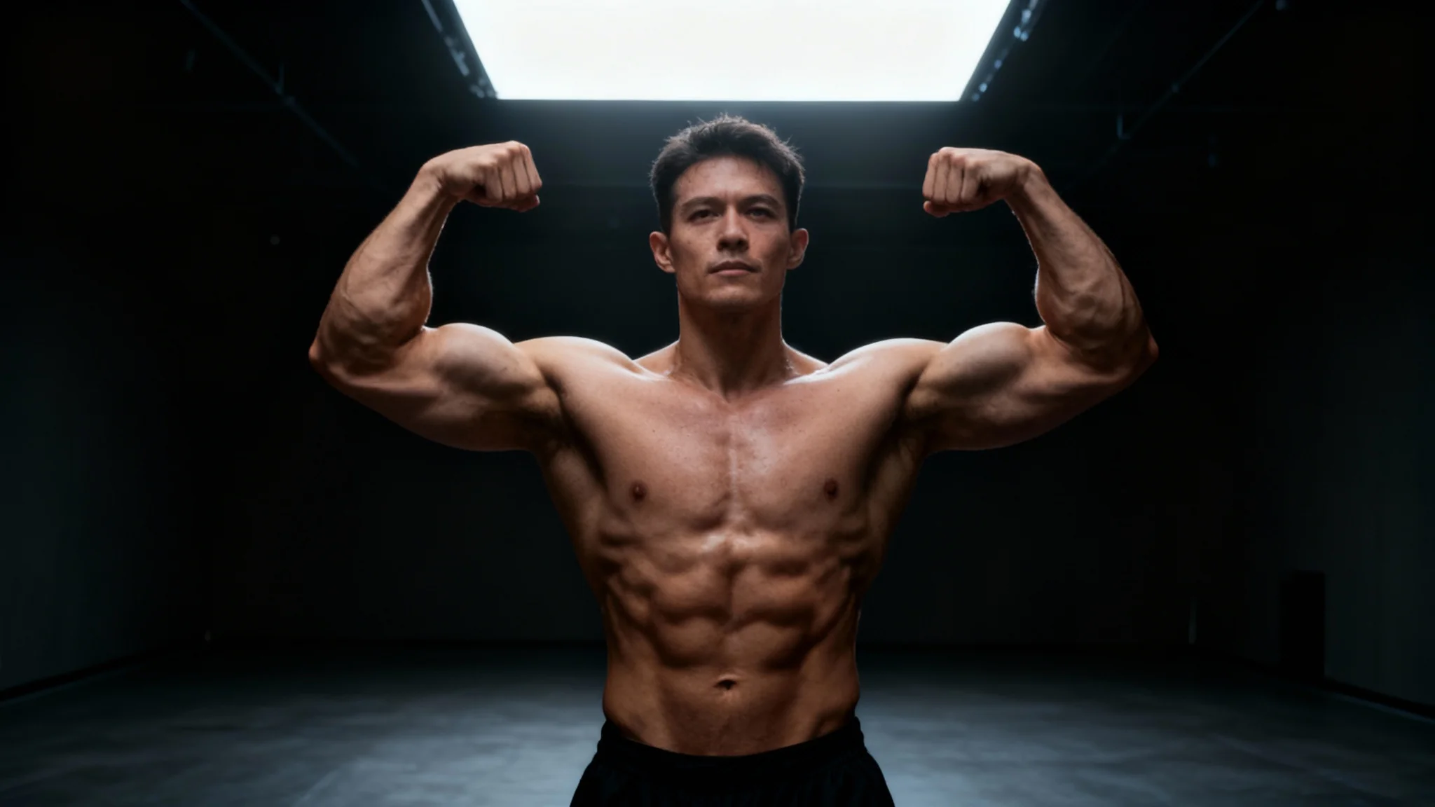 A photorealistic hero image showing the final result of a body transformation: a man with a professional bodybuilder's physique flexing under dramatic studio lighting.