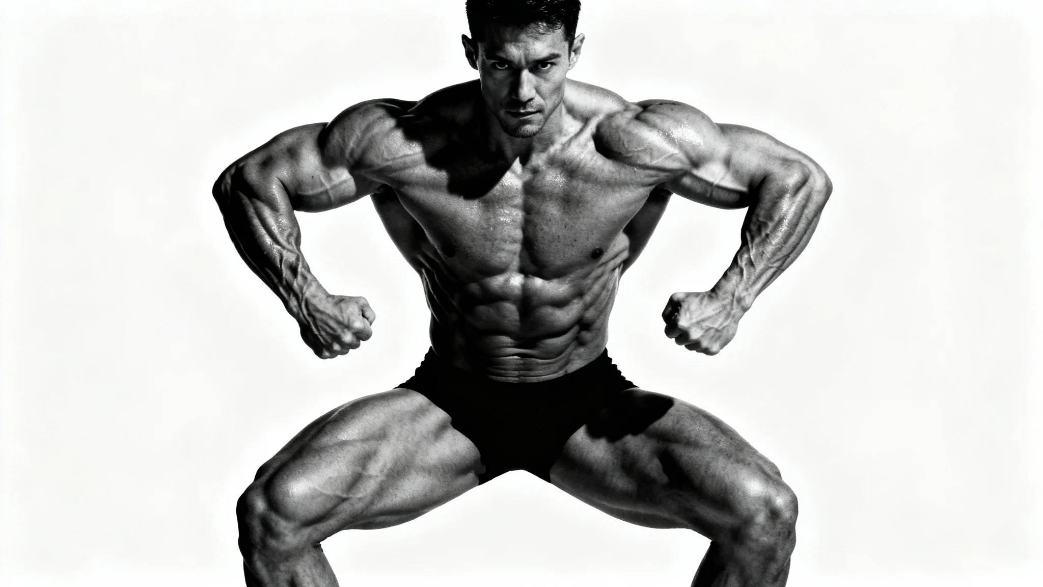 A hyper-realistic photo of a muscular male bodybuilder striking a powerful pose against a plain white background, with dramatic lighting highlighting his defined muscles.