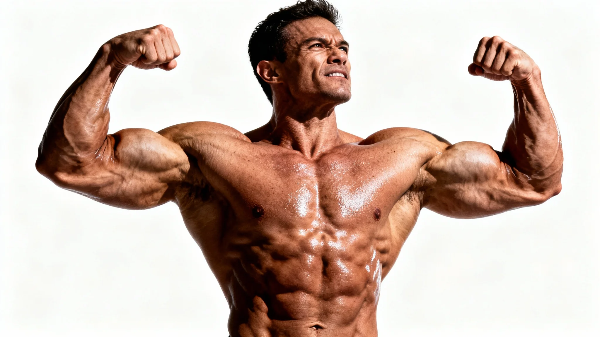 A powerfully built male bodybuilder with glistening, highly defined muscles flexes for the camera against a stark white background.