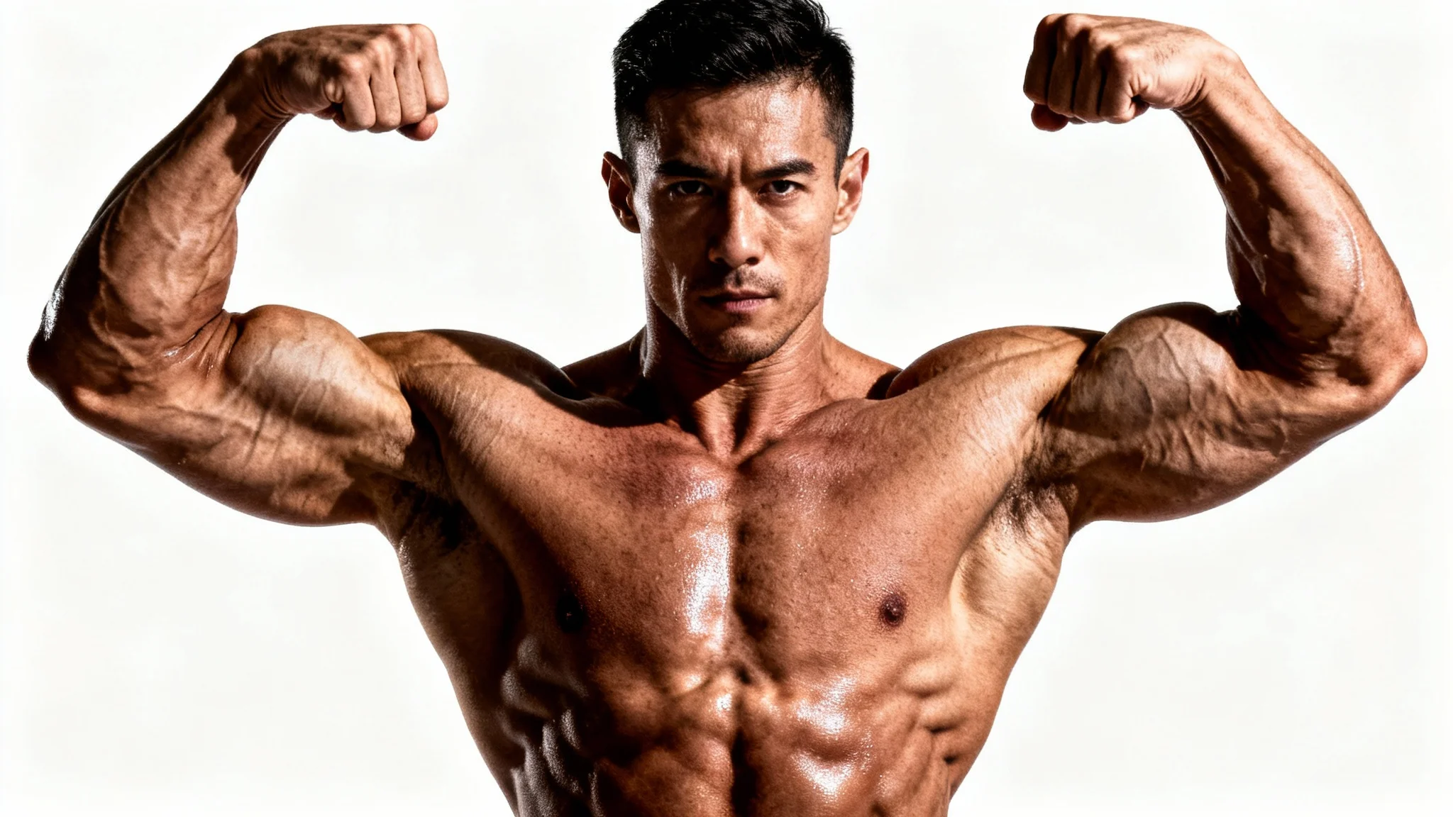 A photorealistic studio photograph of a male bodybuilder with incredibly defined muscles, posing against a solid white background under dramatic lighting.