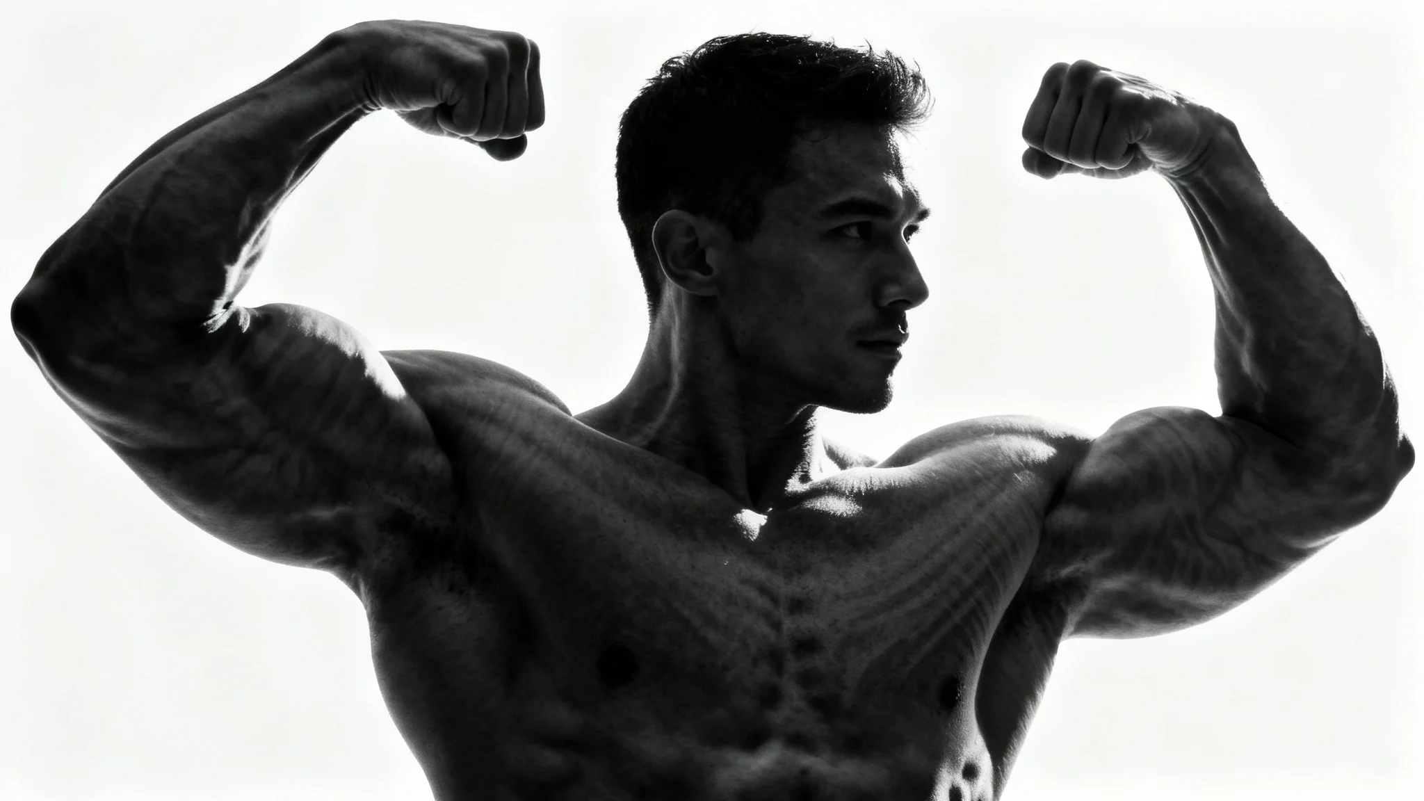 A photorealistic image of a male bodybuilder with an extremely muscular and defined physique, posing to show off his biceps and chest against a plain white background.