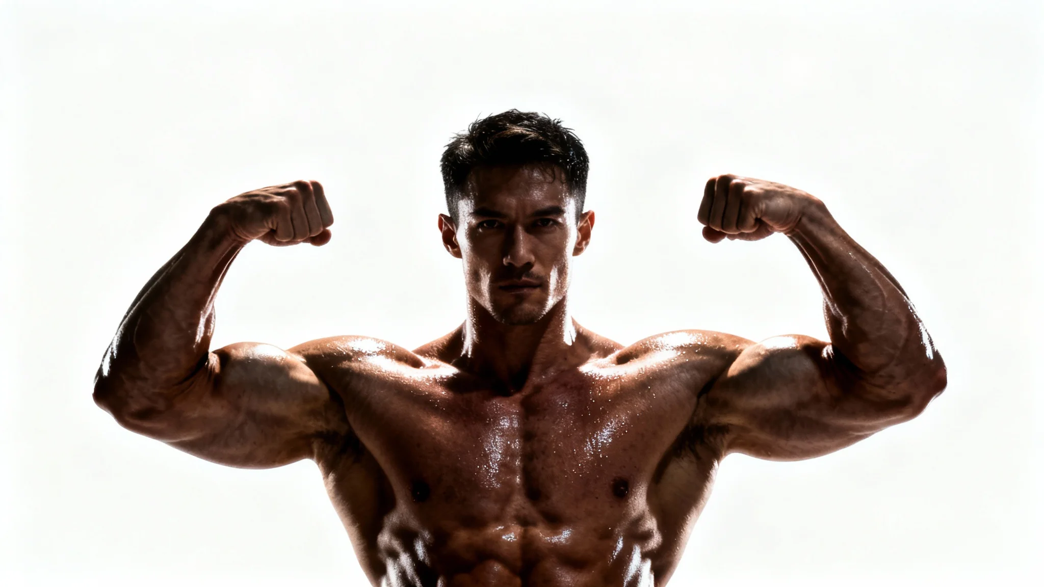 A hyperrealistic image of a muscular male bodybuilder with a chiseled physique, striking a double biceps pose against a stark white background.
