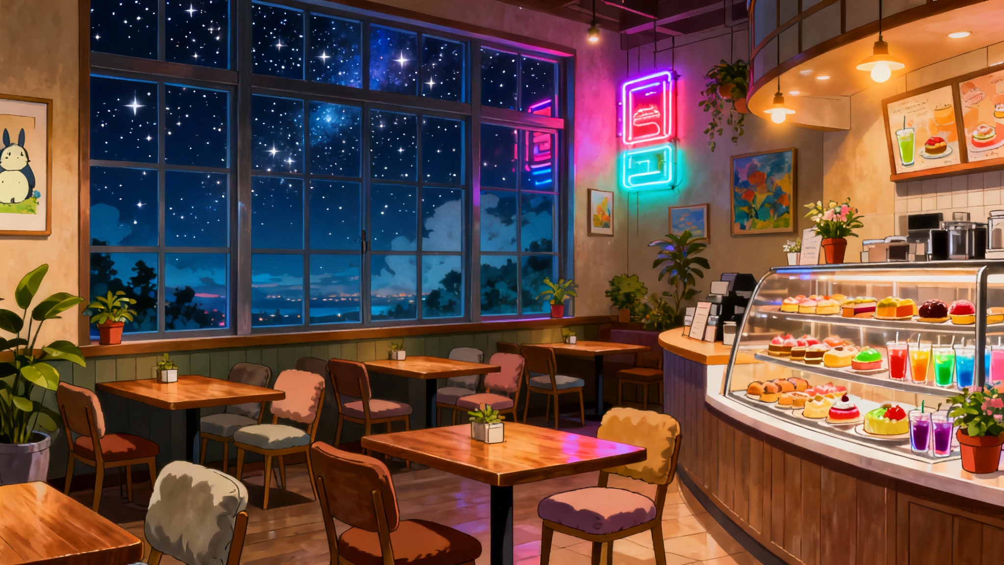 A beautifully illustrated anime-style background of a cozy cafe at night, with large windows showing a starry sky and colorful neon signs illuminating the interior.