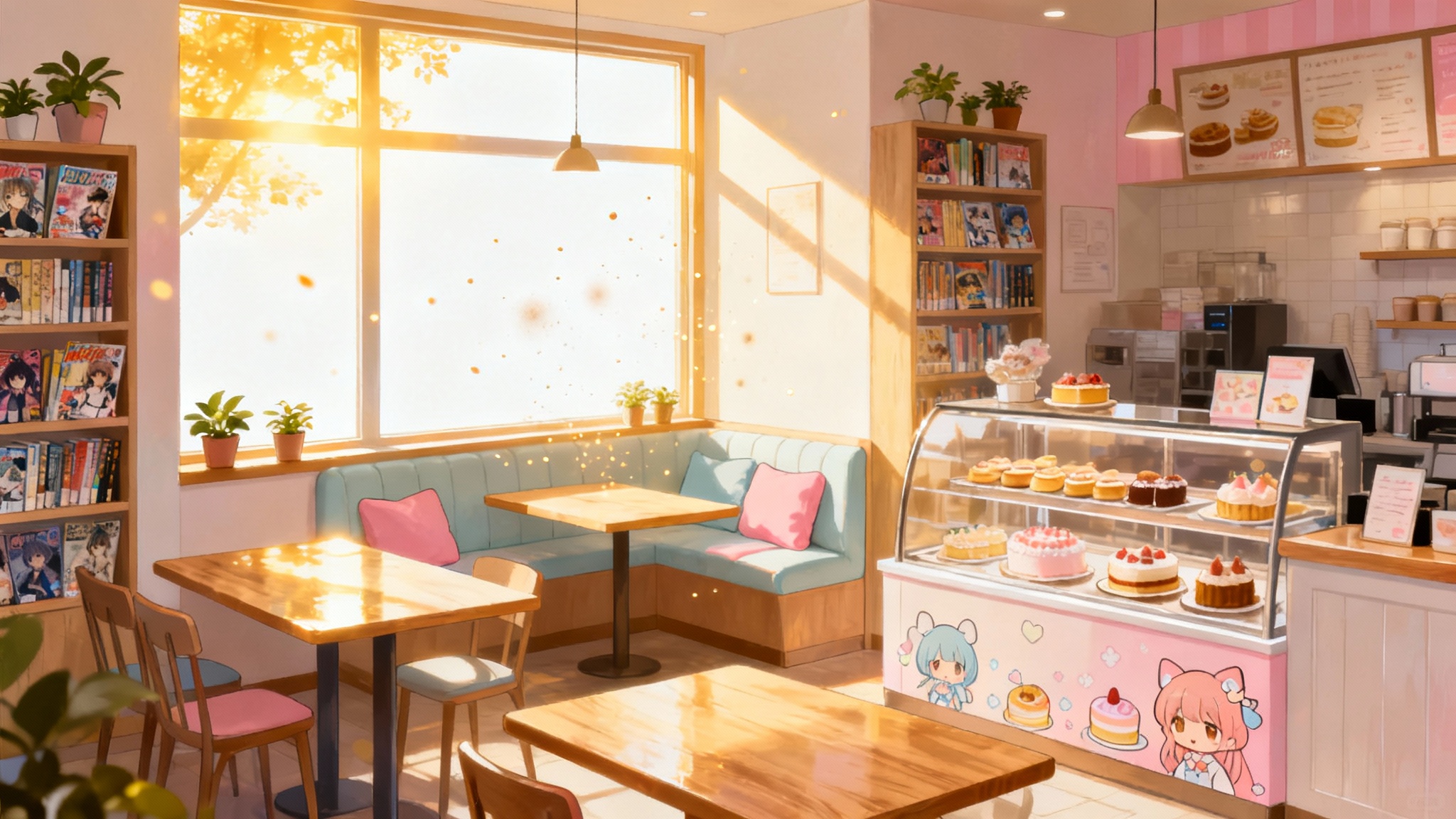 Interior of a beautifully illustrated anime-style cafe, with sunlight streaming through a window onto wooden tables and cozy seating, presented as a high-quality background.