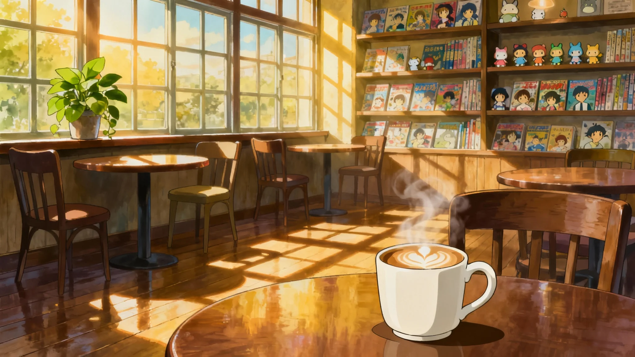 A cozy anime-style cafe interior during a sunny afternoon, with wooden tables, bookshelves filled with manga, and a steaming cup of coffee.