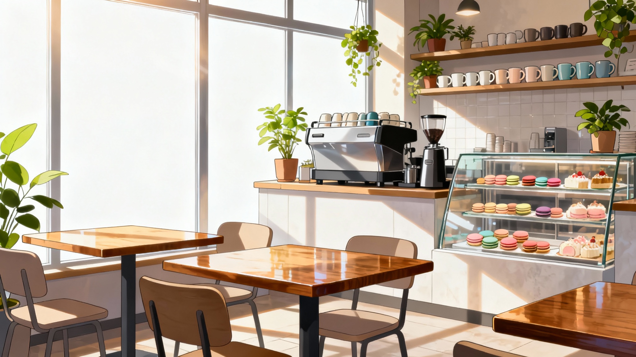 A digital illustration of a peaceful and sunlit anime-style cafe interior, showing empty wooden tables, a pastry counter, and lush green plants.