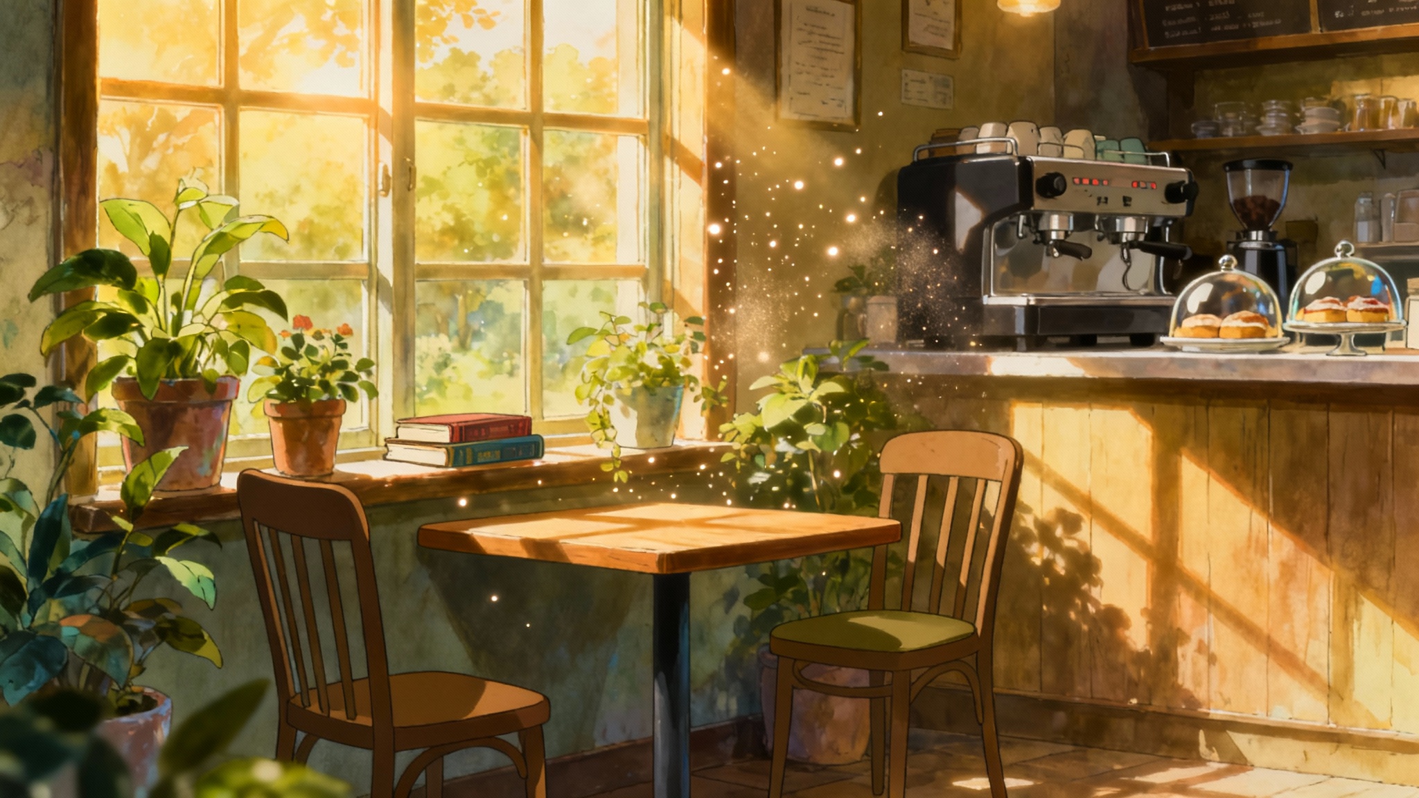 A serene anime-style illustration of an empty cafe interior during sunset, with light streaming through a large window onto a wooden table and chairs.