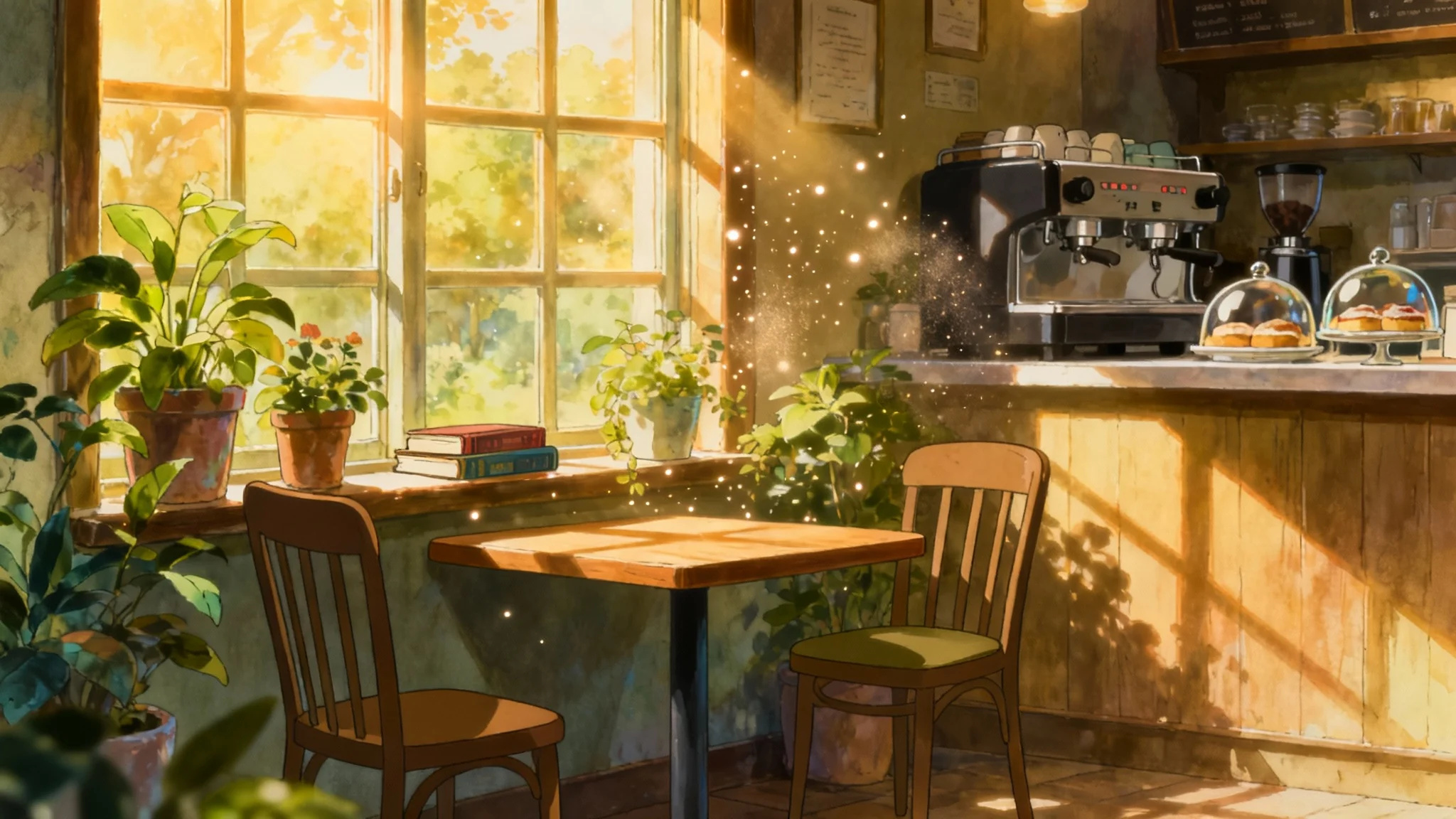 A serene anime-style illustration of an empty cafe interior during sunset, with light streaming through a large window onto a wooden table and chairs.
