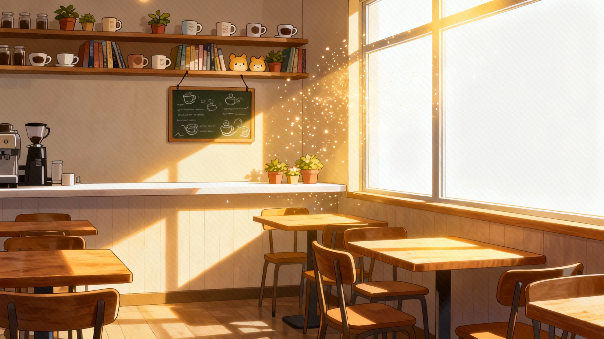 An anime-style illustration of a peaceful and empty cafe interior, with sunlight streaming through a window onto wooden tables and chairs. Presented as a clean mockup.