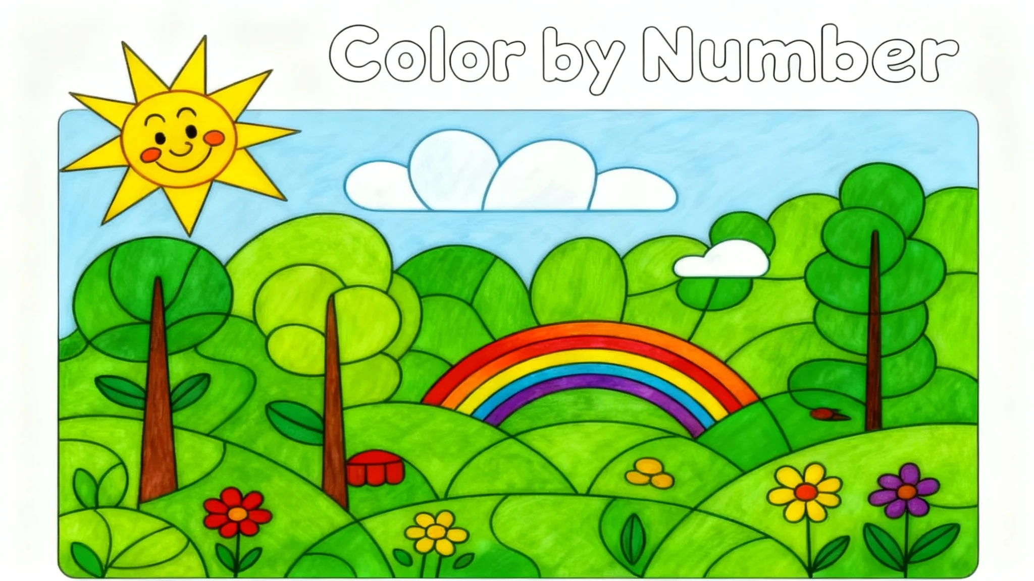 A completed color-by-number artwork showing a vibrant, whimsical landscape with a rainbow, sun, hills, and colorful flowers, fully colored in with bright, clean colors.