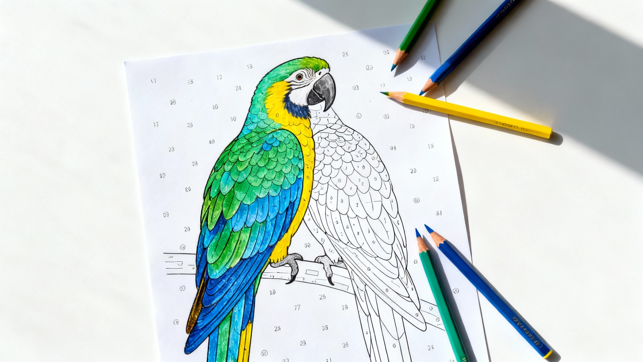 A color-by-number page of a parrot, half-colored with vibrant blues, greens, and yellows, with the other half showing the numbered sections yet to be colored. Coloring pencils are beside the page.
