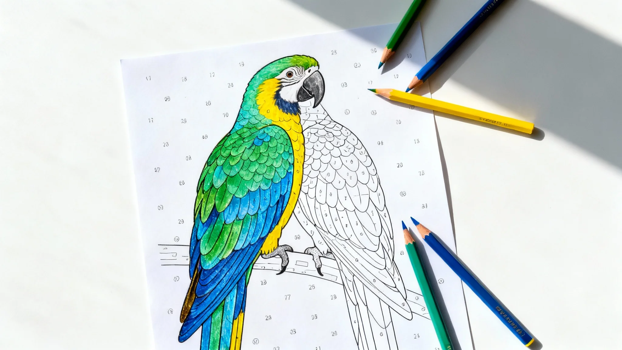 A color-by-number page of a parrot, half-colored with vibrant blues, greens, and yellows, with the other half showing the numbered sections yet to be colored. Coloring pencils are beside the page.