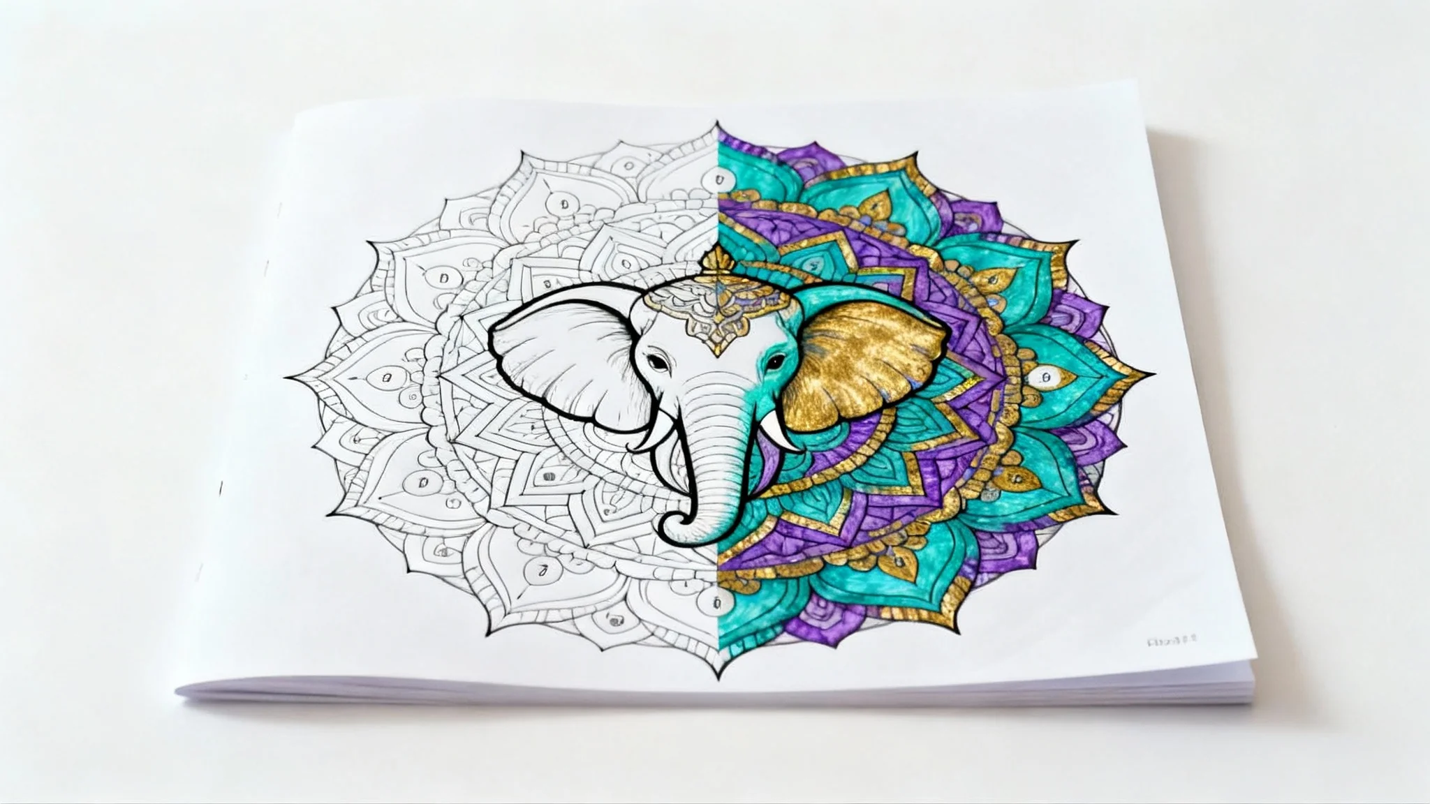 A half-completed color-by-number mandala with an elephant design. The left side is a black and white outline with numbers, and the right side is colored in with vibrant teals, purples, and golds.