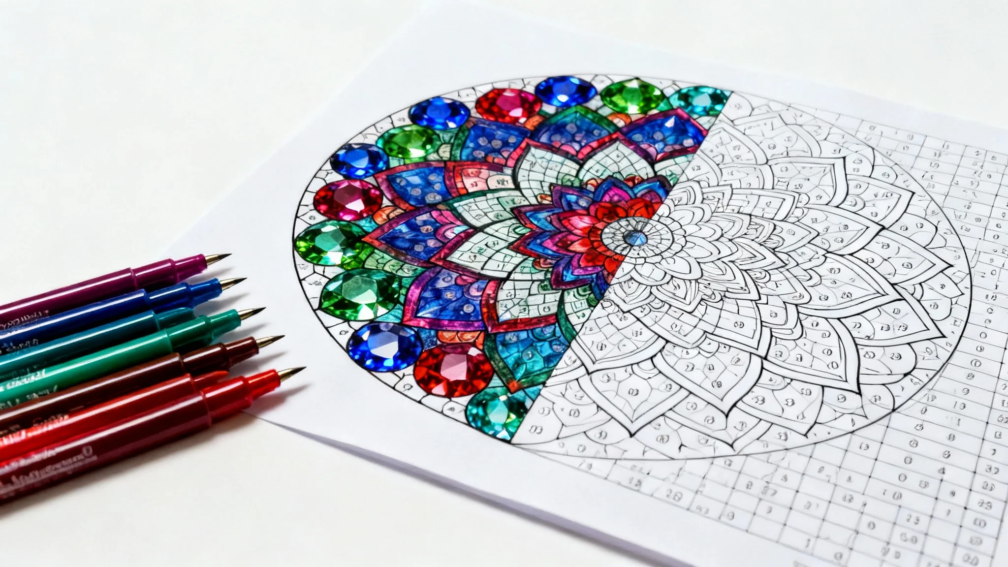 A top-down shot of a mandala color-by-number page, partially colored in with vibrant jewel tones, with a set of markers lying next to it on a white surface.