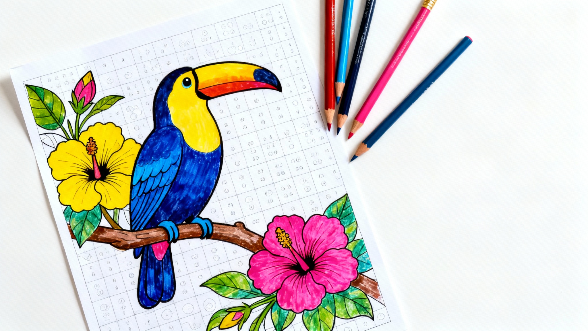A partially completed color-by-number page showing a tropical toucan, with some areas colored in vibrant shades and others showing the number guides, on a clean white background.