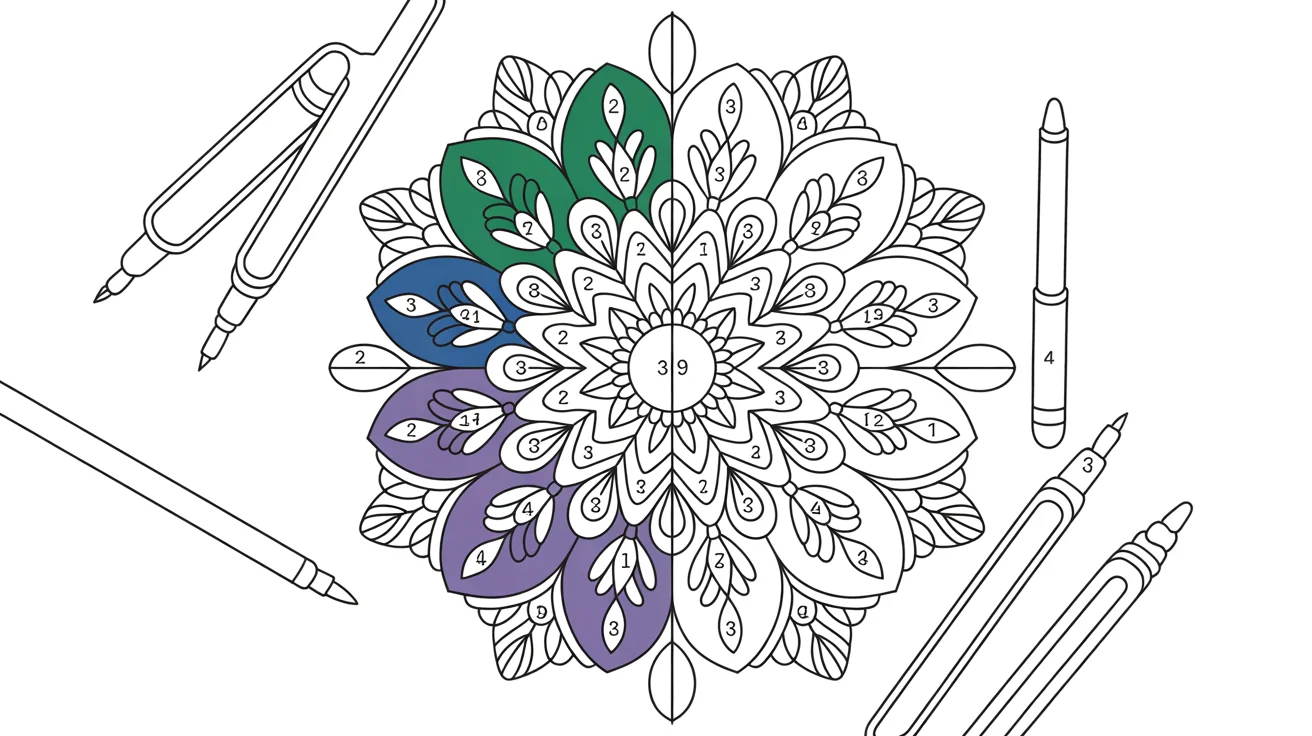 A partially finished color-by-number page of a floral mandala, with sections colored in vibrant jewel tones. Uncolored sections show numbers, and matching pens lay beside it on a clean white background.