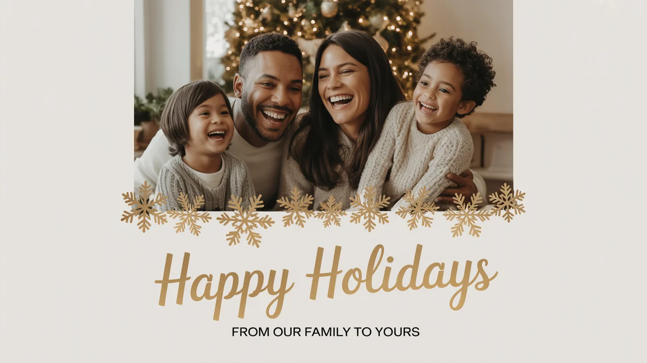 A beautifully designed horizontal Christmas card featuring a photo of a happy family, with the text 'Happy Holidays' in elegant gold script, placed on a white wooden background.